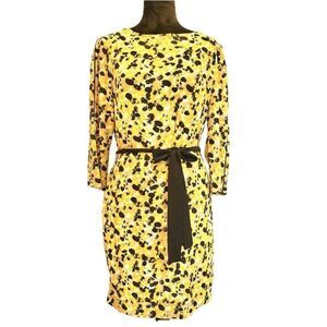 H&M Dress Woman's Yellow White Gray Black 3/4 Sleeve Belted Midi Dress SZ 10 EUC